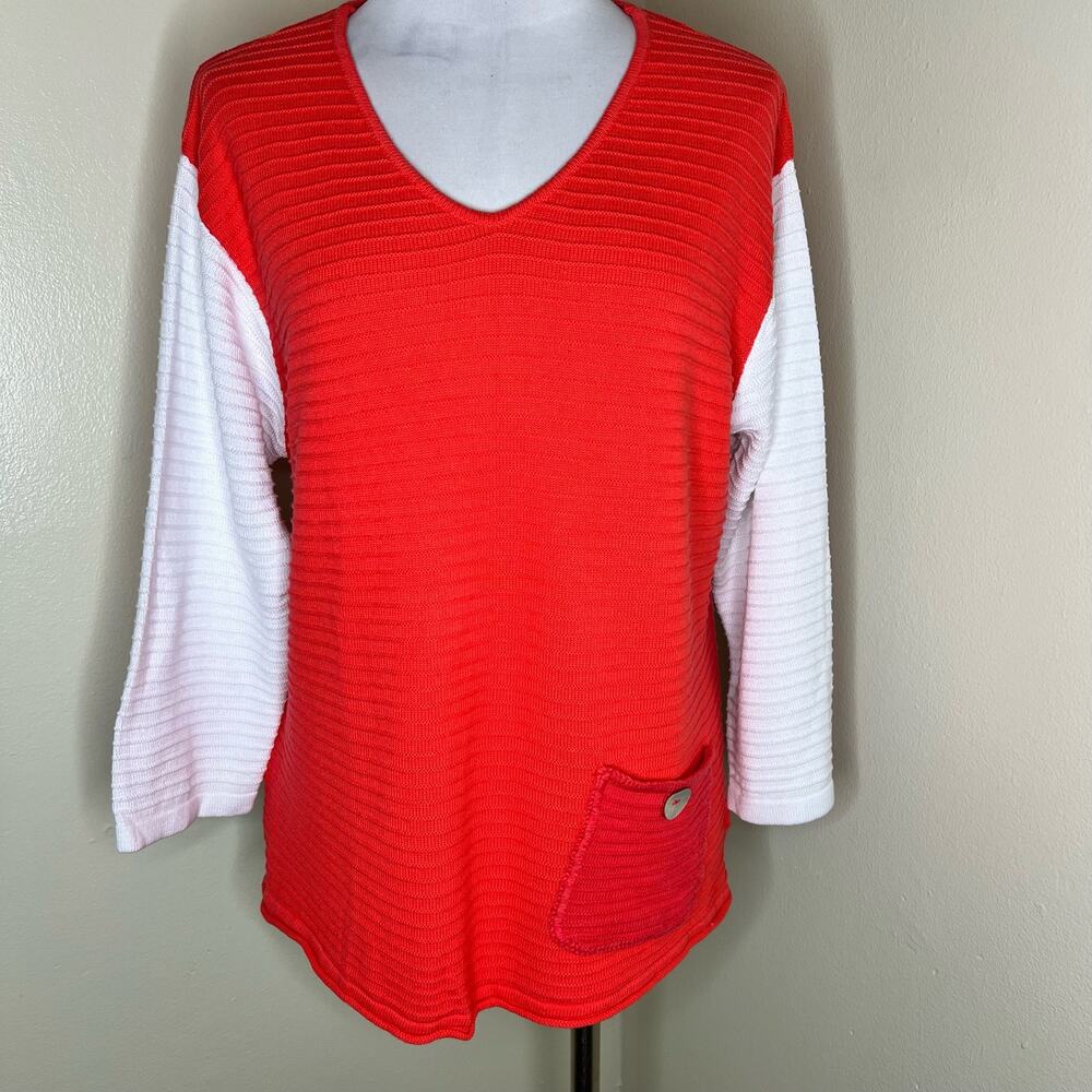 Lulu B Sweater Large Red White Colorblock V-Neck Jumper Knitted Cotton Winter